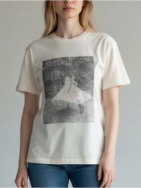 All Saints Cream Short Sleeve Tee, Photo Print & “We Should All Be Saints” M